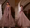 Pink Luxurious Sequined Lace Beaded Evening Pageant Dresses With Detachable Train Sheer Neck Long Sleeves Dubai Arabic Pakistan Mermaid Prom Party Gowns CL1689