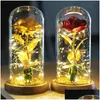 Flores decorativas Wreaths Flower artificial Little Prince Rose Eternal 24k Gold Foil Home Decor Glass in er With Lights for Drop Dhizq