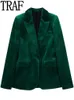 Womens Suits Blazers TRAF Velvet Blazer Women Winter 2023 Green Tailoring Womens Blazer Set 2 Pieces Long Sleeve Chic And Elegant Woman Jacket 230113