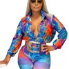 Women's Two Piece Pants Tie Dye Printed Turn Down Collar Autumn Set Bodycon Skinny Long Woman Suit Sleeve Casual Street Wear Clothing FemmeW