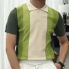 Herren Polos Poloshirt Männer Streifendruck Patchwork Stricken Lässig Revers Pullover Sommer Mode Kurzarm