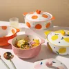 Bowls Cute Binaural Soup Bowl Large With Lid Ceramic Pot Home Creative Instant Noodle Tableware Cartoon Fruit Elements