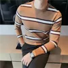 Men's Sweaters Color Contrast Striped Round Neck Knit Sweater Men Long Sleeve Slim Casual Knitting Pullovers Social Knitwear Tops Clothing