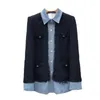 Women's Suits Denim Patchwork Women Fashion Lapel Tweed Blazers Korean Single Breasted Buttons Tassel Navy Blue Blazer Coats B268