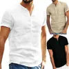 Hommes t-shirts à manches courtes lin bouton T-Shirt col rond mode été solide décontracté coton Henley ample Blouse T-Shirt hommes vêtements