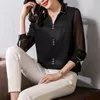 Blouses femininas Blusa de chiffon negras sólidas sem alongamento sexy sexy ligeiramente transparente costura de malha fêmeas tampos de manga longa de manga longa