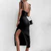 Casual Dresses Women Long Knitted Dress Women's Sexy V Neck Spaghetti Srap Side Slit Black Bodycon Robe Lace-up Club Party Vestidos