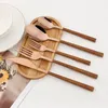 Servis uppsättningar 20st Gold Knife Dessert Fork Spoons Table Set Imitation Wood Handle Cutlick rostfritt stål Western bestick