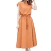 Casual Dresses Loose High Wasit Kaftan For Women 2023 Elegant Solid Color Round Neck Short Sleeve Bandage Maxi Dress Vestidos