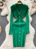 Casual Kleider YuooMuoo Elegante Rüschen V-ausschnitt Tasten Design Dünne Party Kleid Frauen 2023 Herbst Winter Langarm Gestrickte Pullover