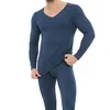 Sous-vêtements 2 pièces hommes épais sous-vêtements thermiques ensembles couleur unie col en V grande taille sans couture ajustement en peluche pour dormir