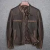 Herren-Jacke aus braunem Lederimitat, echtes Rindsleder, Vintage-Stil, schmaler Mantel mit Kantenschliff