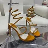 Classic rhinestone stiletto sandals Women sandals Fashion super-high heels Luxury designer dress shoes Satin snake-shaped coiling party 9.5cm Leather sole 35-43