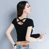 T-shirts Femmes Image personnalisée Summer Coton T-shirt à manches courtes Femme Slim Fashion Sexy Back Cross Belt Beauty Bottoming Shirt