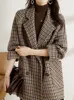 Womens Suits Blazers Vintage Houndstooth Women Woolen Blazer Double Breasted Plaid Female Suit Jacket Fashion Korean Outerwear Loose Blaser Coat 230113