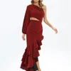 Повседневные платья сексуальные бордовые от плеча 2023 Fall Club Side Whit Rute Ruffle One Maxi Dress Party Vestidos