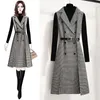 Casual jurken herfst winter dames houndstooth mouwloze ingekeed kraag met dubbele borsten met dubbele rijen split kantoor tweed plaid midi jurk met riem top