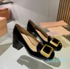 Moda Tacón Grueso Hebilla Cuadrada Zapatos Individuales Tacón Alto Cabeza Redonda Poco Profunda