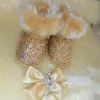 First Walkers Handmade Bow Hairband Rhinestones Baby Girl Warm Snow Boots Winter Shoes First Walker Sparkle Bling Crystal Princess Shower Gift 230114