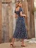 Casual jurken BKMGC Elegante donkerblauwe bloemen Gedrukte vierkante kraagzijde Split jurk voor vrouwen zomer herfst boho bohemian hippie vintage 6500 230113