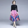 Arbetsklänningar Runway Autumn Two Piece Set Women Beaded Bow Long Sleeve Stretch Knittad Tröja Topp Floral Tryck PLEATED KIRT STUT KVINNA KVINNA KVINNA KVINNA