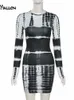 Casual Kleider Yiallen Herbst Druck Dünnes Kleid Frauen O Hals Langarm Elastische Straße Casual Mode Dame Mini Bodycon Kleider 230113