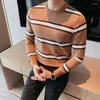 Men's Sweaters Color Contrast Striped Round Neck Knit Sweater Men Long Sleeve Slim Casual Knitting Pullovers Social Knitwear Tops Clothing