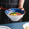 Bols 8 pouces chapeau en bambou japonais bol en céramique Vintage bleu et blanc schéma de couleurs délicat Ramen nouilles pour outil de cuisine à la maison