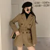 Womens Suits Blazers Vintage Houndstooth Jacket Blazer Women Plaid Lady Suit Jacket with Belt Long Sleeve Female Tailored Coat Street Wear 230113