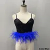 Canotte da donna Top corto con paillettes nere con piume di struzzo Canotta da spiaggia corta senza schienale sexy Canotta da club per feste con cerniera di lusso