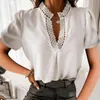 Women's Blouses & Shirts Lace Patchwork Blouse Women Solid Short Sleeve Summer Tops Hollow V Neck Et Chemises White Shirt