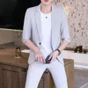 Men's Suits Fashion Summer Men's 3 / 4 Three Quarter Sleeve Cropped Pant Suit Sets Thin Solid Slim Fit Blazer 2-Piece Top Jacket Coat