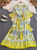 Casual Dresses Autumn Runway Robe Maxi Dress Women Bohemian Yellow Lemon Print Blue And White Porcelain Flare Sleeve Long Party Vestidos