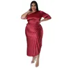 Plus Size Dresses Women Party Fashion Sexy Sloping Shoulder Drawstring Pressed Pleated Dress Casual Solid Color Elegant