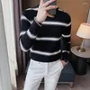 Men's Sweaters Color Contrast Striped Round Neck Knit Sweater Men Long Sleeve Slim Casual Knitting Pullovers Social Knitwear Tops Clothing