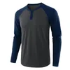 T-shirt da uomo Estate Autunno Manica lunga raglan Casual Uomo O Collo Magliette Tinta unita Patchwork T-shirt Bottoni Pullover Tees Abbigliamento