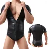 Sexy hommes maillot de corps en cuir PU body Look mouillé une pièce combinaisons fermeture éclair justaucorps lutte Singlet barboteuses Clubwear sous-vêtements