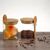 Storage Bottles Coffee Jar Glass Seasoning Bottle With Spoon Round Japanese Style Bamboo Wood Lid Set