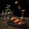 Plates Retro Long Iron Tray With Handles Metal Vintage Tableware Bread Dessert Fruit Cake Kitchen Organizer Desktop