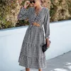 Casual Dresses AYUALIN Spring Fall Robe Black White Plaid Long Dress Women Vintage Deep V Neck Midriff-baring Elegant Women's Vestidos