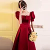 Etnisk kläder Bride Bourgogne Satin Toast 2023 Spring Wedding Evening Dress Women Square Neck A-Line Party Dresses Qipao