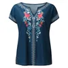 Women's Blouses & Shirts Womens Summer Blouse Floral Printed Short Sleeve Ladies V Neck Ethnic Style Loose Pullovers Female Asymmetrical Blu