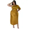 Plus Size Dresses Women Party Fashion Sexy Sloping Shoulder Drawstring Pressed Pleated Dress Casual Solid Color Elegant