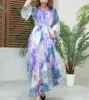 Roupas étnicas roxas boho mulheres flores imprimem manga de trompete maxi férias abaya roupas islâmicas de praia muçulmana manto solto vestidos