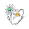 Cluster Rings Gorgeous Daisy Flower Bee Crystal Open For Women Silver Plated Cubic Zircon Adjustable Wedding Anniversary Jewelry