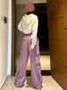 女性のカプリパンツ弾性ハイウエストカーゴベルト付きカジュアルポケットルーズヴィンテージ原宿ストリートワイドレッグパンツ韓国紫色のズボン 0113