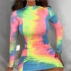 Robes décontractées Tie Dye Slip col roulé dos nu Sexy 2023 été automne femmes mode taille haute mince fête élégante moulante robe mi-longue