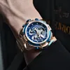 Montre-bracelets Reef Tiger / RT Brand Mettes militaires pour hommes Rose Gold Blue Dial Bracelet Automatic Relogio Masculino RGA3503