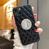 Luxury Diamond Clear Logo Jeweled Leather Phone Case f￶r iPhone 14 13 Pro Max 12 11 XS XR 7 8 Plus Grid Glitter Cute Coque Gold