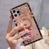 Square Box Clear Four Leaf Flower Diamond Cases Bling Soft TPU Trunk Metal Decoration Corner With Bracket Ring Stand For iPhone 14 13 12 11 Pro XR XS Max X 8 7 Plus